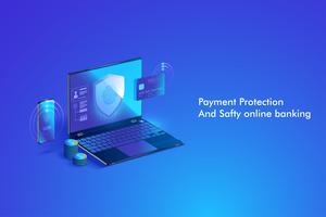 Sicherer Online-Zahlungsverkehr mit dem Computer. Schutz einkaufen drahtlos über Computer mit Kreditkarte bezahlen. vektor