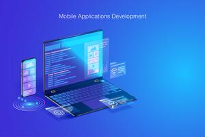 Webentwicklung, Anwendungsdesign, Kodierung und Programmierung auf Laptop- und Smartphonekonzept mit Programmiersprache und Programmcode und Plan auf Schirmvektor vektor