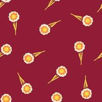 minimalistisk sömlös doodle mönster med gula handritade blommor slumpmässig prydnad. rödbrun bakgrund. vektor
