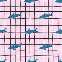 aqua nahtloses muster mit blauen haifischsilhouetten. rosa karierter Hintergrund. Zoo-Kulisse im geometrischen Stil. vektor