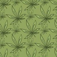 blommig sömlös doodle mönster med handritade blad blad. marijuana konturerade element och bakgrund i gröna färger. vektor