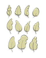 uppsättning av snygga handritade löv med gul-grå glitch effekt. doodle stil. element för design av vykort, böcker, menyer eller reklam. isolerad på vit bakgrund. vektor illustration.
