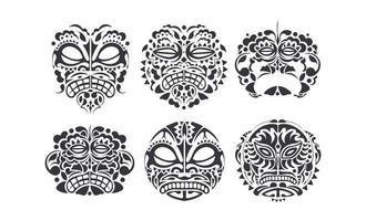 Vektor-Design-Set - Stammes-Hintergrund der Volkskunst. hawaiianisches und polynesisches Tiki-Kopf-Totem.