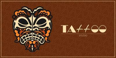 tatueringsstudio banner. maori stam mask. ansiktsmönster i polynesisk eller hawaiiansk stil. vektor illustration.