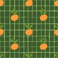 Nahtloses Muster im geometrischen Stil mit orangefarbenem, abstraktem Mandarinendruck. grün karierter Hintergrund. vektor