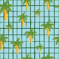grön kokospalm silhuetter sömlösa doodle mönster. blå rutig bakgrund. slumpmässigt tropiskt konstverk. vektor