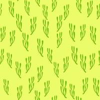 abstraktes botanisches nahtloses sommermuster mit grünen zufälligen kleinen zweigformen. gelber Hintergrund. vektor