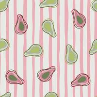 hand gezeichnetes nahtloses muster mit zufälligen organischen rosa und grünen avocadoformen. rosa gestreifter Hintergrund. vektor