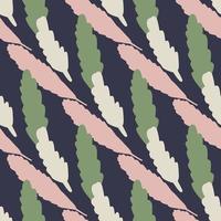 pastellfarbenes, nahtloses Kräutermuster mit abstrakten Figuren aus Laub. Marineblauer Hintergrund mit rosa, grünen und weißen Farbelementen. vektor