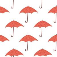 Nahtloses isoliertes Muster mit einfachen Silhouetten des Doodle-Regenschirms. rotes Zubehör auf weißem Hintergrund. einfacher Saisondruck. vektor