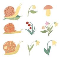 Set Schnecke und Blume. lustige Zeichentrickfigur. schnecke, maiglöckchen, glockenblumen, pilz, blatt, beere im gekritzelstil. vektor