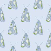 Nachtmotte Doodle Silhouetten nahtloses Muster. Insektenvolksverzierung mit grünen Details. einfache Kunstwerke in Blautönen.
