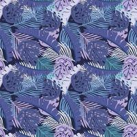 tropisches nahtloses Muster auf dunklem Hintergrund. abstrakte texturdekoration mit blattmonstera, palme und banane in blau und lila. mode des sommerlichen naturdschungels für den druck. vektor
