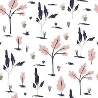 Baum Wald isoliert Silhouetten nahtlose Muster. weißer Hintergrund mit rosa und marineblauen botanischen Silhouetten. vektor