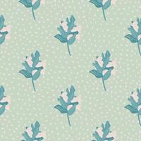 Nahtloses botanisches Muster mit Ästen und Beeren. einfache handgezeichnete florale Silhouetten in blassrosa und blauen Farben. gepunkteter Hintergrund. vektor