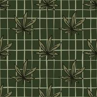 mörkt marijuana sömlöst botaniskt mönster. ark konturerade löv och bakgrund med incheckade gröna toner. vektor