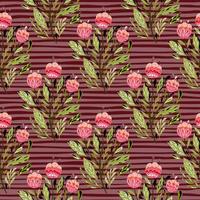 handritade rosa blommor print i etnisk stil seamless mönster. rödbrun blek bakgrund med remsor. vektor