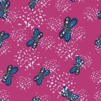 doodle sömlösa mönster med slumpmässiga handritade blå fjäril folk element. rosa bakgrund med stänk. vektor