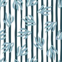 slumpmässiga ljusa sömlösa mönster med blå vintage blad silhuetter. randig vit och marinblå bakgrund. vektor