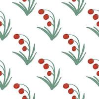 isoliertes, nahtloses Doodle-Muster mit Waldbeeren-Silhouetten. rote Blumenverzierung mit grünen Stielen auf weißem Hintergrund. vektor