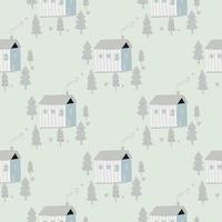 ljus pastell sömlösa mönster med doodle hus med träd prydnad. stiliserade konstverk i mjuk blå palett. vektor