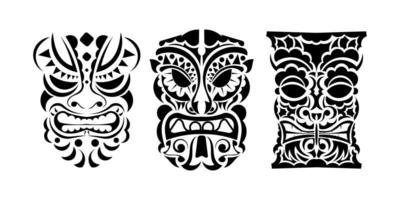 satz von tätowierungsgesichtern oder masken im ornamentstil von polynesien, maori oder hawaiianischen stämmen. Vektor