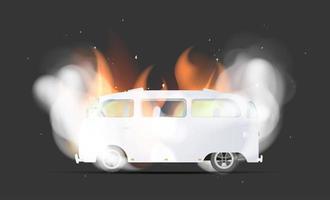 weißer Bus in Flammen und Rauch. Der Bus brennt. isoliert. Vektor-Illustration. vektor