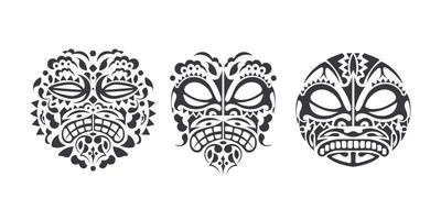 hawaiianisches und polynesisches Tiki-Kopf-Totem. Vektor-Design-Set - Stammes-Hintergrund der Volkskunst.