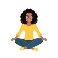 ein Mädchen mit dunkler Hautfarbe sitzt in Meditationshaltung mit fliegendem, wallendem Haar. gesunder Körper, Geist und Emotionen, Yoga und Lotushaltungen. isoliert. Vektor-Illustration vektor