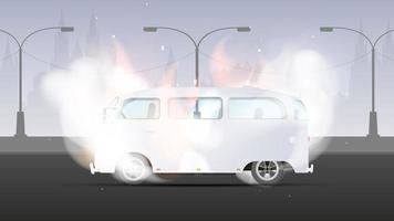 weißer Bus in Flammen und Rauch. Der Bus brennt. Vektor-Illustration. vektor