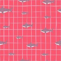 Zufälliges nahtloses Haimuster mit blassen Fischformen. rosa karierter hintergrund. Marinedruck. vektor