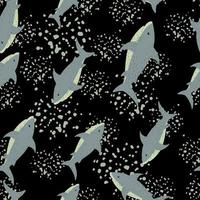 Zufälliges nahtloses Meeresmuster mit Blauhai-Ornament. schwarzer hintergrund mit spritzern. vektor