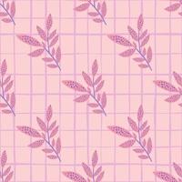 Zweig lässt nahtloses Gekritzelmuster. florale Silhouetten und Hintergrund mit Check in rosa Farbpalette. vektor