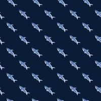 handritad sömlösa mönster med blå diagonala haj fisk former. mörk bakgrund. natur zoo prydnad. vektor