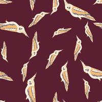Zufälliges, nahtloses Doodle-Zoo-Muster mit handgezeichnetem beigefarbenem Papagei-Kakadu-Print. brauner Hintergrund. vektor