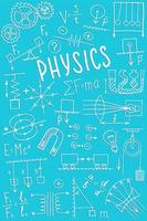 Symbolsatz für Physiksymbole. Wissenschaftsthema Doodle-Design. Bildungs- und Studienkonzept. Zurück zur Schule skizzenhafter Hintergrund für Notizbuch, nicht Block, Skizzenbuch. vektor