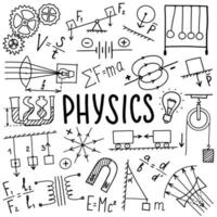 Symbolsatz für Physiksymbole. Wissenschaftsthema Doodle-Design. Bildungs- und Studienkonzept. Zurück zur Schule skizzenhafter Hintergrund für Notizbuch, nicht Block, Skizzenbuch. vektor