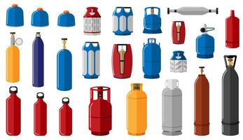 Stellen Sie verschiedene Gasflaschen auf weißem Hintergrund ein. Ausrüstung für den sicheren Versand von Gas vektor