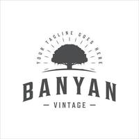 banyan tree logotyp vintage vektor illustration mall ikon design med retro stil typografi koncept