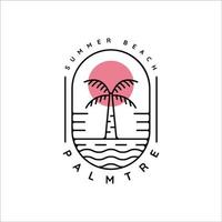 Palmen- oder Kokosnussbaum-Logo-Strichzeichnungen mit Sonnenuntergang-Vektor-Illustrationsvorlagen-Symbol. design mit minimalistischem abzeichen und typografiestil vektor