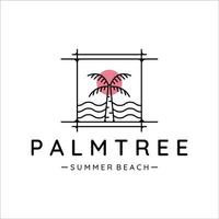 Palmen- oder Kokosnussbaum-Logo-Strichzeichnungen mit Sonnenuntergang-Vektor-Illustrationsvorlagen-Symbol. Design mit minimalistischem Abzeichen vektor