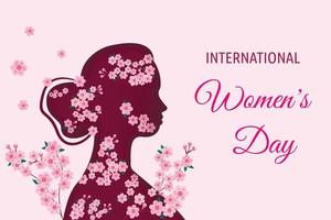 Grußkarten-Vektorillustration der glücklichen Frauen Tag. Papercut weibliche Silhouette im Profil mit schönen rosa Sakura-Blüten und Zweigen. niedliches papierhandwerksdesign für den internationalen frauenfeiertag vektor
