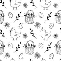 ostern nahtloses muster. süße küken, festliche ostereier im korb, frühlingszweige und blumen. handgezeichnete Vektorgrafik im Doodle-Stil. Perfekt für Geschenkpapier, Verpackungen, Drucke, Dekoration. vektor