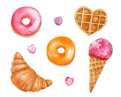 Aquarellset mit Süßigkeiten. herzförmige waffel, rosa und orange glasierte donuts, erdbeereistüte, croissant und süßigkeiten vektor