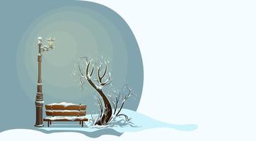 Vektorbild einer Winterlandschaft. ein Baum mit einer Bank unter einer leuchtenden Laterne. ökologischer Stopp für den Passanten. Stilisierung. Folge 10 vektor