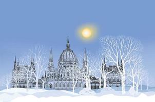 vinter semester snö bakgrund. god jul hälsning resekort. snöig stad tapeter. vinter semester snö landskap. park palace gränd bakgrund vektor