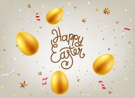 glad påsk gratulationskort med gyllene ägg och bokstäver inskription vektor