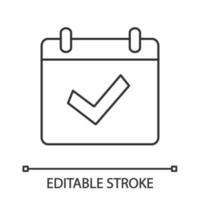 Lineares Symbol für verfügbare Ereignisse. dünne Liniendarstellung. Kontursymbol. Kalenderblatt mit Häkchen. Zeitplan. vollendeter Tag. Vektor isoliert Umrisszeichnung. editierbarer Strich