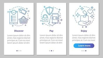 online-shopping-onboarding-bildschirm der mobilen app-seite mit linearen konzepten. digitaler Kauf. Deal entdecken, bezahlen, Schritte genießen grafische Anleitung. ux, ui, gui-vektorvorlage mit illustrationen vektor