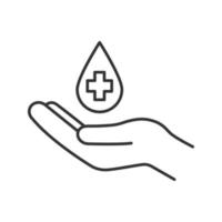 Lineares Symbol für Blutspende. dünne Liniendarstellung. hand, die flüssigkeitstropfen mit medizinischem kreuz hält. Kontursymbol. Vektor isoliert Umrisszeichnung